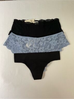 aerie 3-Pack Lace & Ribbed panties - Black & Light Blue size XS
